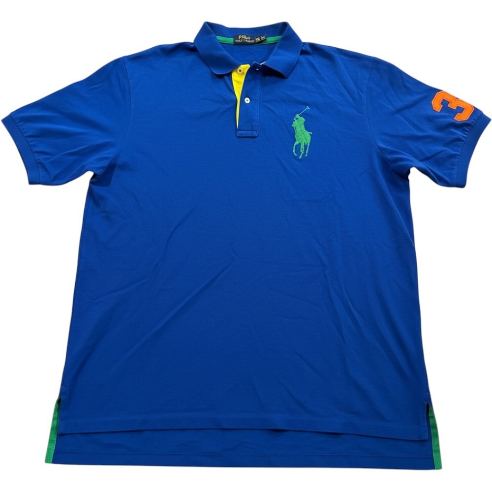 Polo Ralph Lauren Men's 2XLT Royal Blue Big Pony Polo Shirt Orange 3 Patch